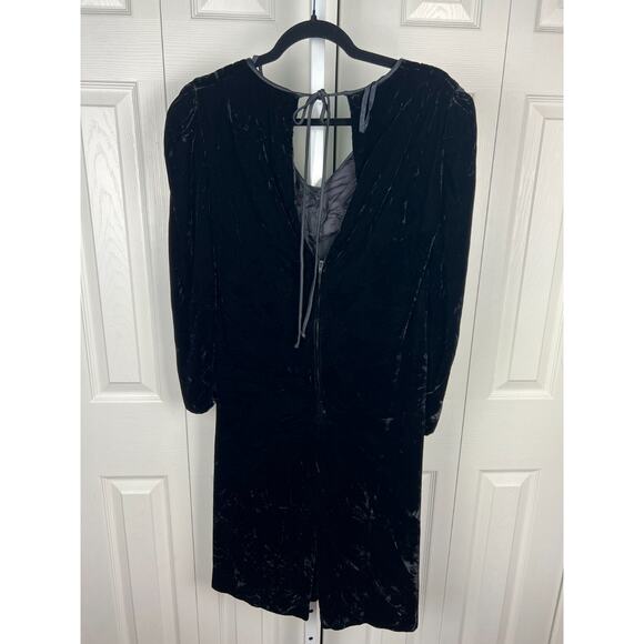 80s L Magnin Black Velvet Long Sleeve Knee Length Evening dress Deep V Flower 8 - Picture 4 of 7